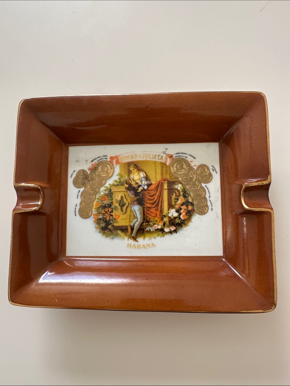 Vintage Habana Romeo & Juliet Ceramic Ashtray in Brown with Gold Accents